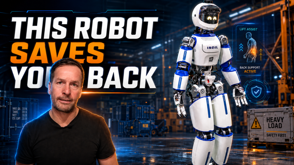 Thumbnail showing a man in a black shirt beside a white-and-blue humanoid robot in a high-tech warehouse, with bold text reading 'THIS ROBOT SAVES YOUR BACK'.